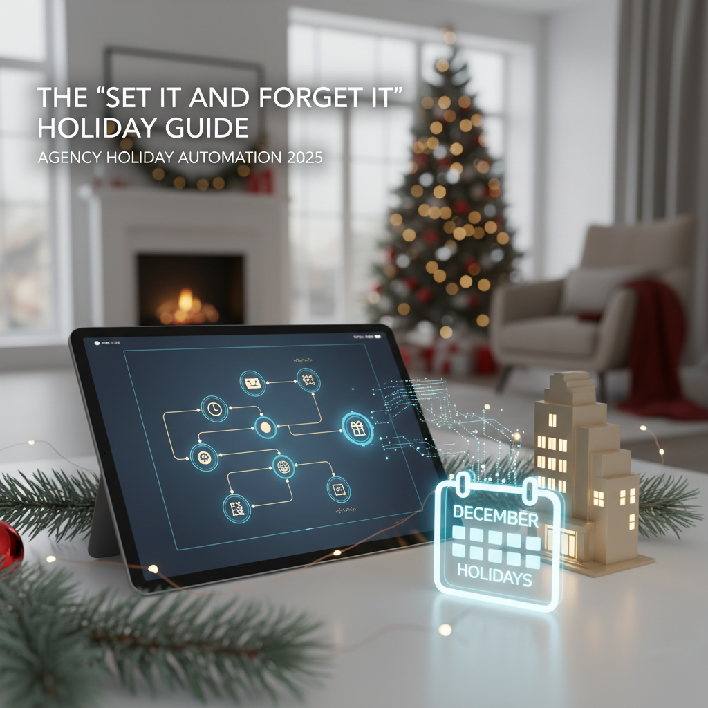 Illustration showing agency holiday automation 2025 concepts for the 'set it and forget it' holid...